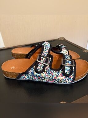 bernie mev. Multicolor Tweed Double-Buckle Slide Sandals